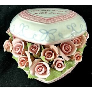 Roses In Ceramic Heart Shaped Music Box Plays "Love Story" You Fill My Heart